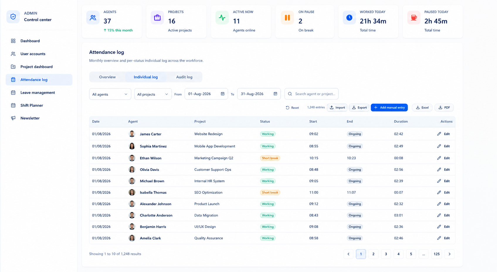 i-clock individual attendance log with per-status entries and exports