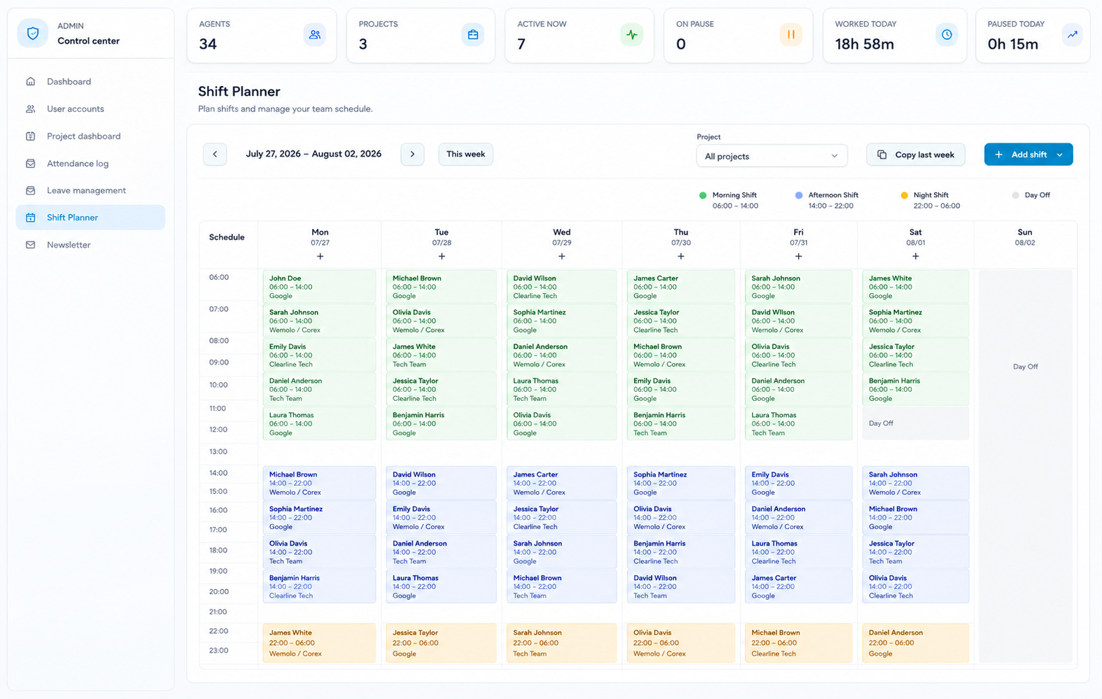 i-clock shift planner weekly schedule with morning, afternoon and night shifts